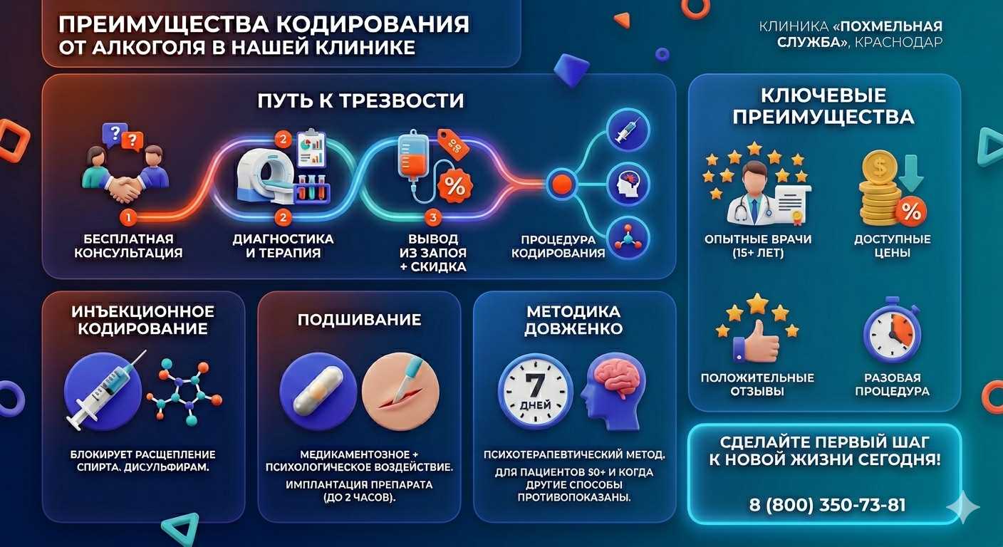 Инфографика о методах кодирования от алкоголя в Колпашево: инъекции, подшивание, метод Довженко. Преимущества клиники и этапы лечения.
