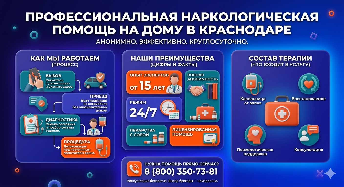 Инфографика о принципах лечения алкоголизма на дому в Колпашево: этапы вызова нарколога, преимущества анонимной детоксикации и состав медицинской помощи.